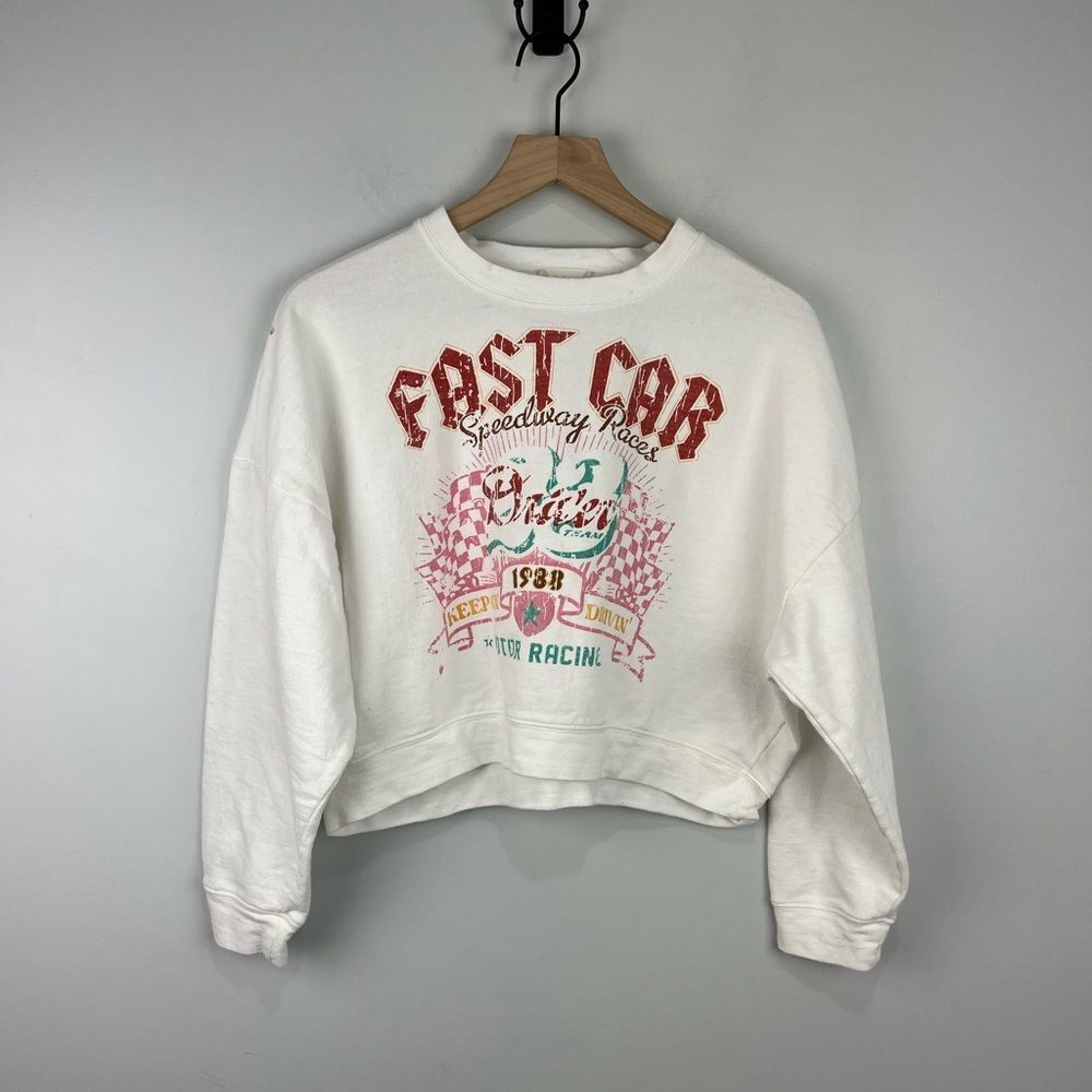 Altar’d State White Oversized Cropped Racer Graphic Crewneck Sweatshirt S